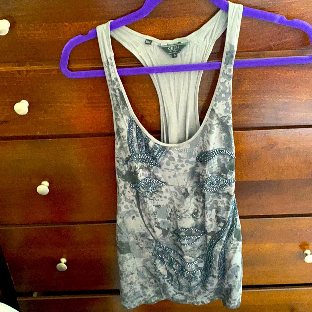 Guess EUC beaded graphic racer back flowy top